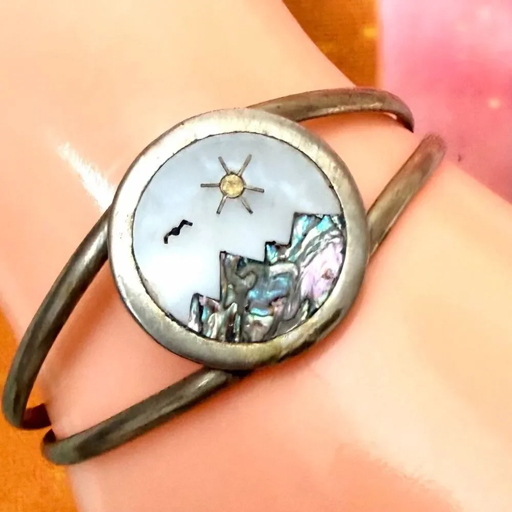 Vintage Mother of Pearl Abalone Mountain Landscape Cuff Bracelet